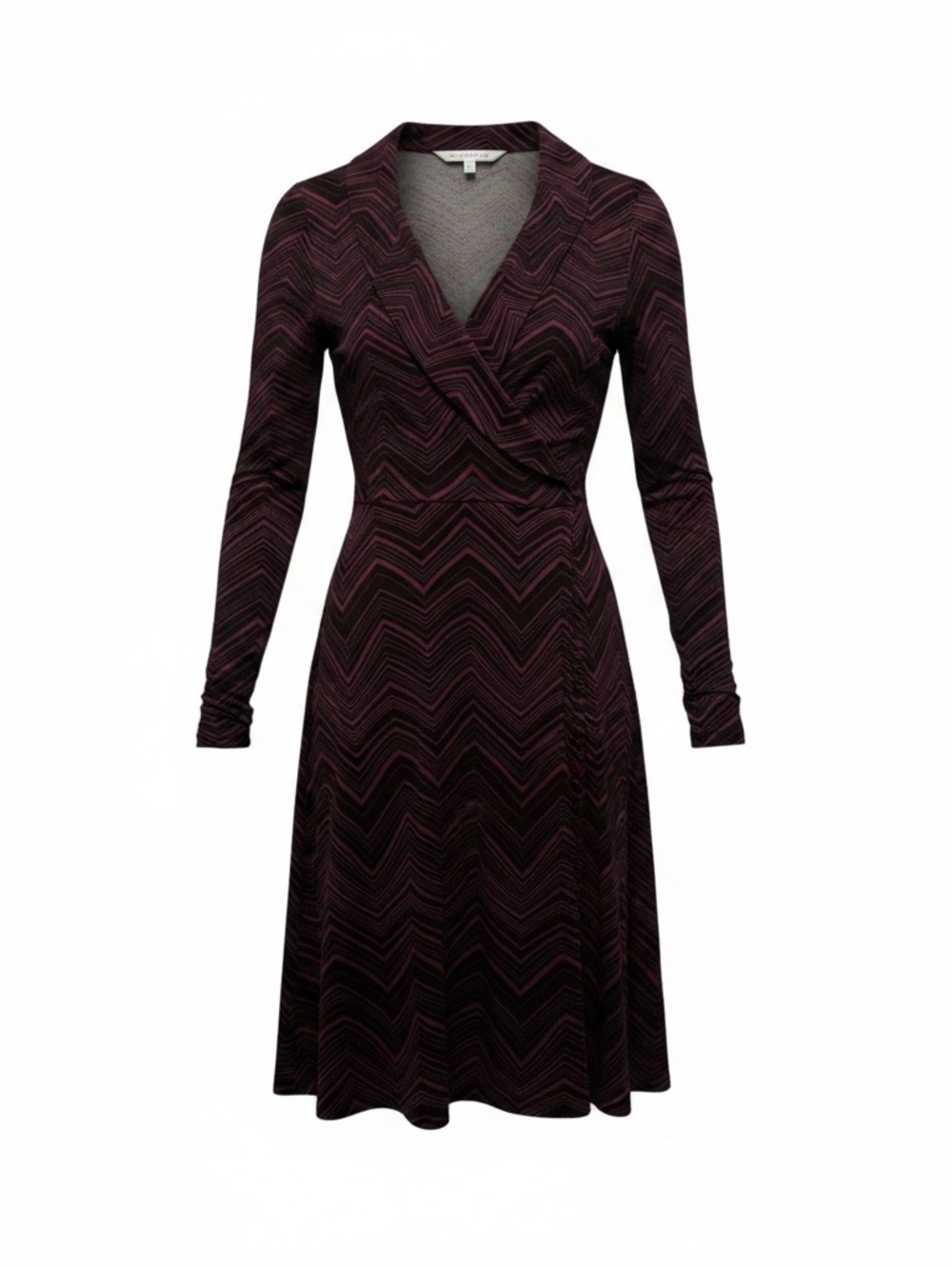 Trina Turk Long-Sleeve Chevron Wrap Dress in Burgundy and Black 100% Silk